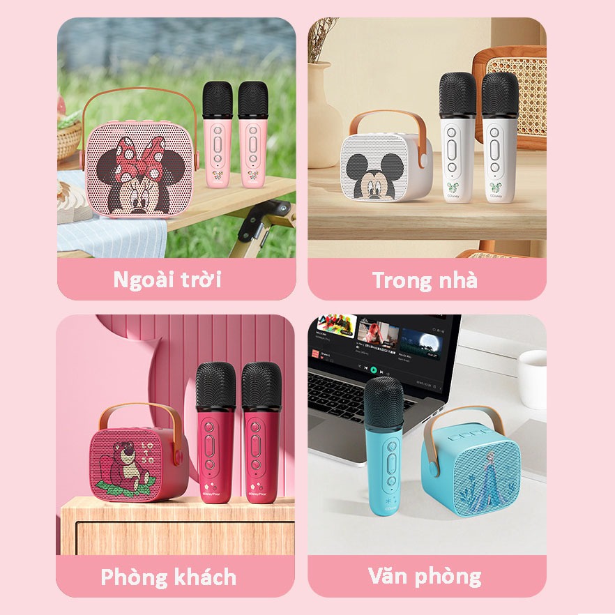 Hỏa tốc 2h - Bộ loa 2 micro karaoke bluethooth 5.0 mini Lotso Minnie Mickey Elsa chính hãng Disney, Bộ karaoke cầm tay