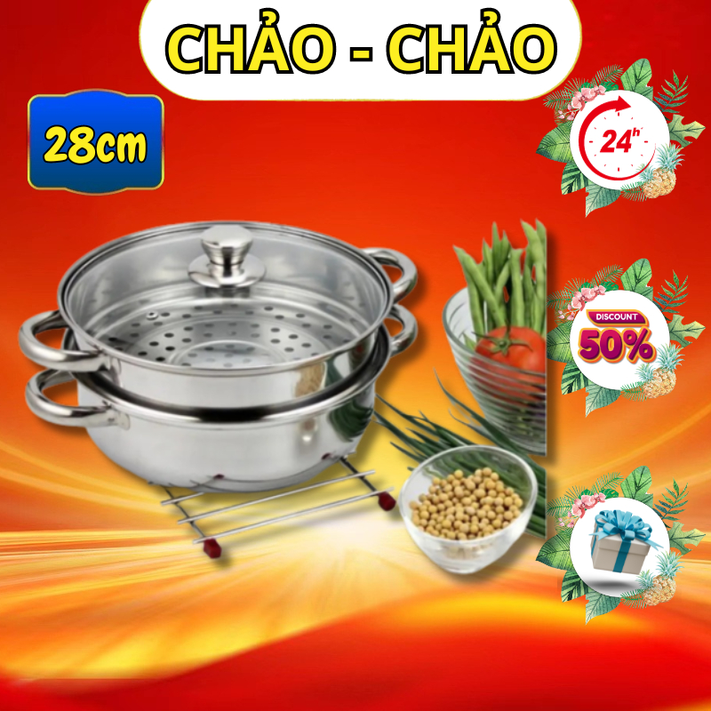 Bộ xửng hấp inox 28cm - nồi hấp đa năng 2 tầng cao cấp nắp kính
