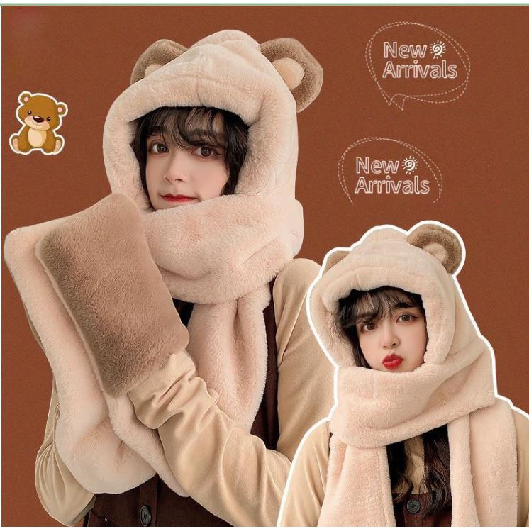 Mũ len tai gấu trùm đầu 3 trong 1, mũ mùa đông dày dặn ấm áp kèm khăn cao cấp