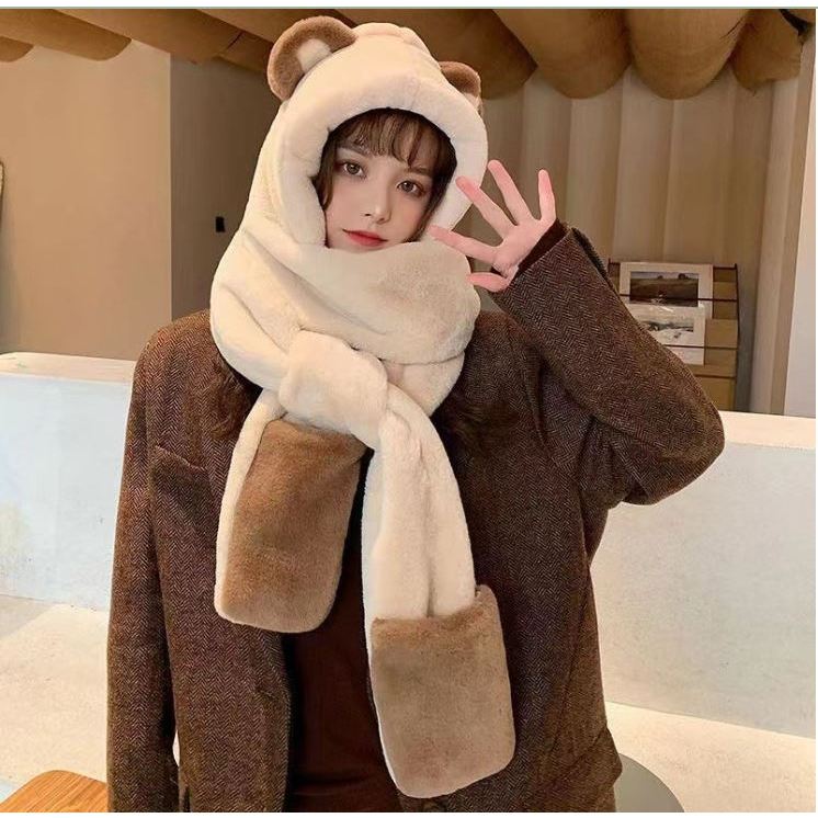 Mũ len tai gấu trùm đầu 3 trong 1, mũ mùa đông dày dặn ấm áp kèm khăn cao cấp