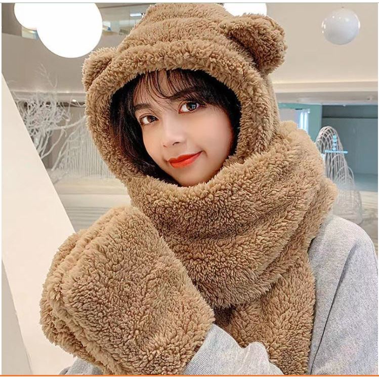 Mũ len tai gấu trùm đầu 3 trong 1, mũ mùa đông dày dặn ấm áp kèm khăn cao cấp