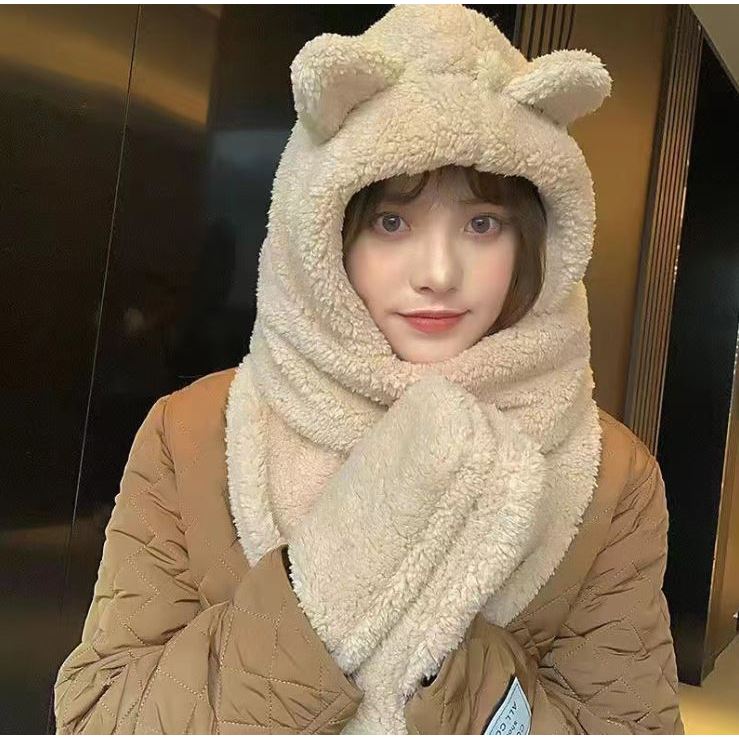 Mũ len tai gấu trùm đầu 3 trong 1, mũ mùa đông dày dặn ấm áp kèm khăn cao cấp