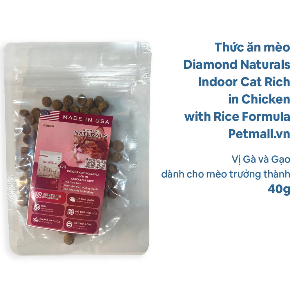 Sample Gift_Thức ăn mèo Diamond Naturals Indoor Cat Rich in Chicken with Rice Formula 40g -Vị Gà và Gạo Petmall