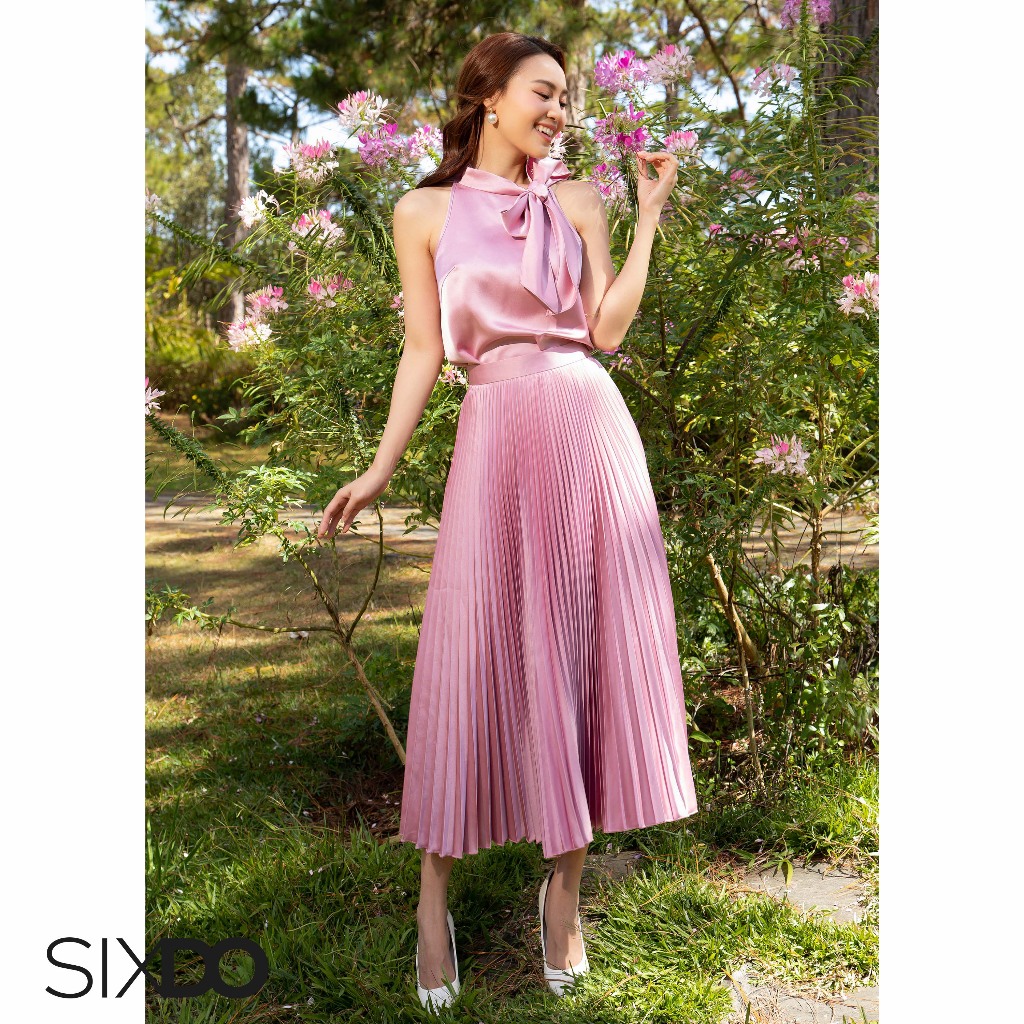 Chân váy xếp ly lụa hồng SIXDO (Light Murrey Pleated Midi Silk Skirt)