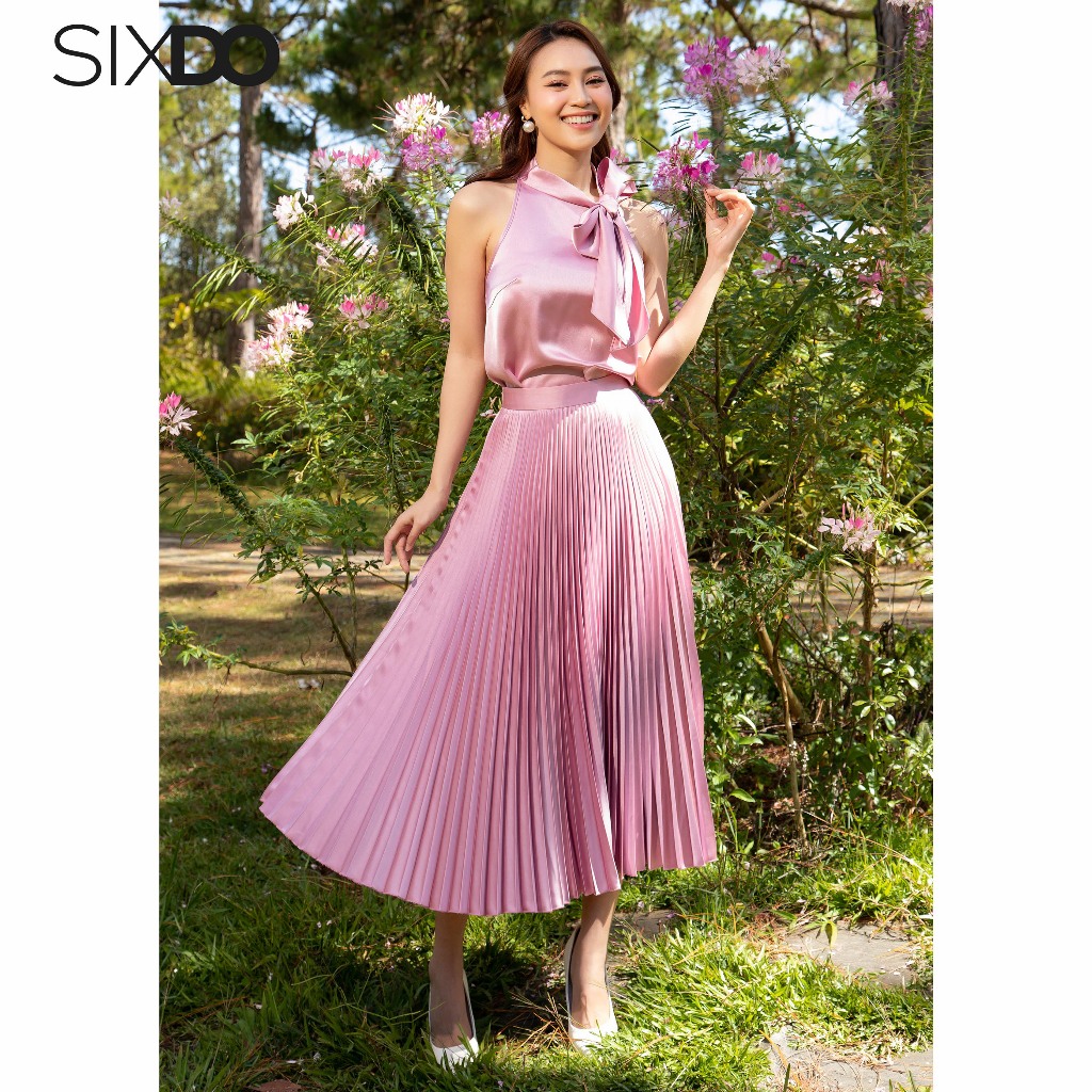 Chân váy xếp ly lụa hồng SIXDO (Light Murrey Pleated Midi Silk Skirt)