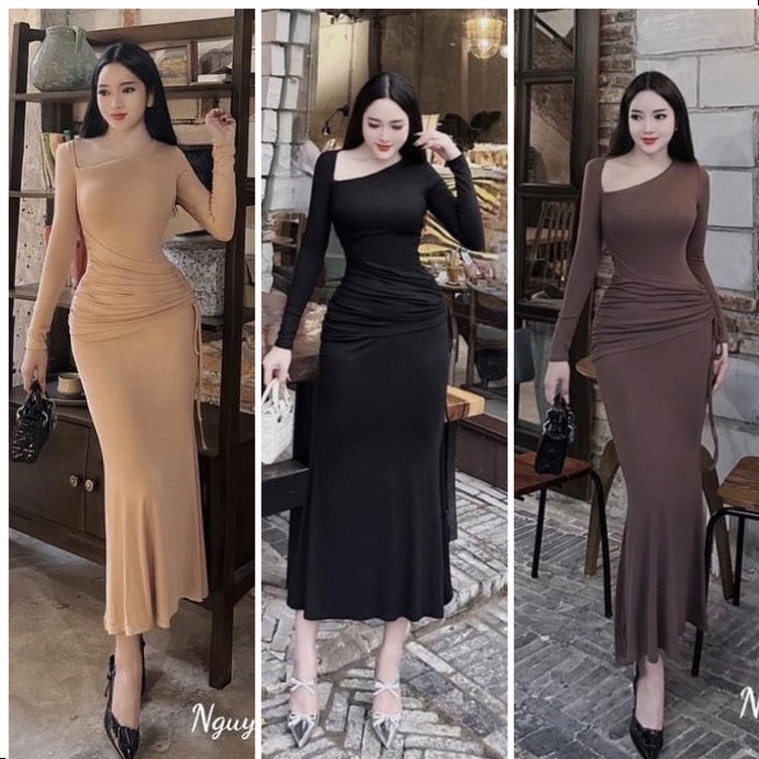 Đầm Body Lệch Vai Dáng Đuôi Cá Thun trơn