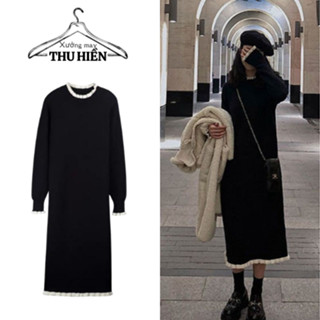 Váy suông nữ,Đầm bầu dài tay bèo trắng cổ lọ form rộng dáng dài chất len bo dày mịn mùa thu đông Xuongmaythuhien