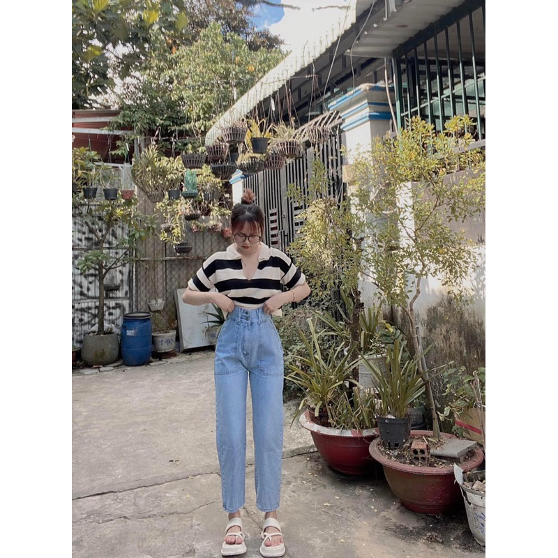 Set Baggy jeans túi đắp + áo cổ bẻ sọc 2024
