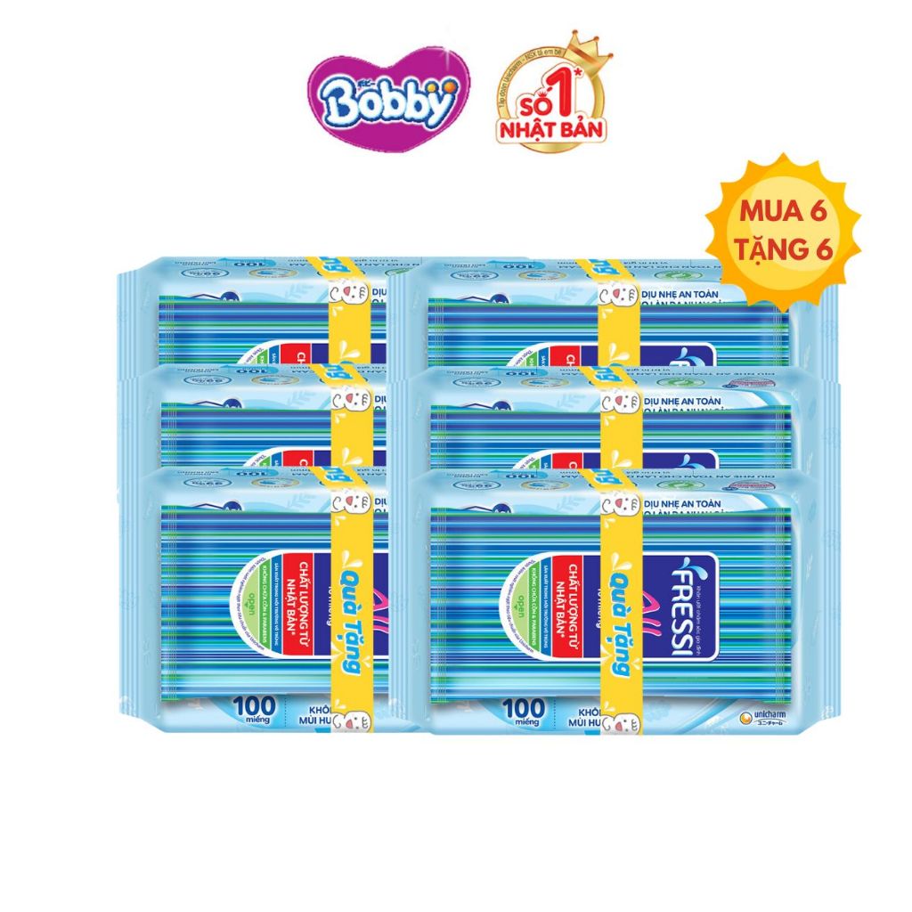 -  Bộ 6 gói Khăn ướt Bobby không mùi 100 tờ/gói