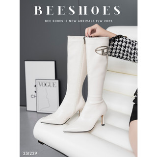 Boot nữ beeshoes mũi nhọn da lì - giày bốt nữ đế cao 7 phân sẵn màu kem đen 231229