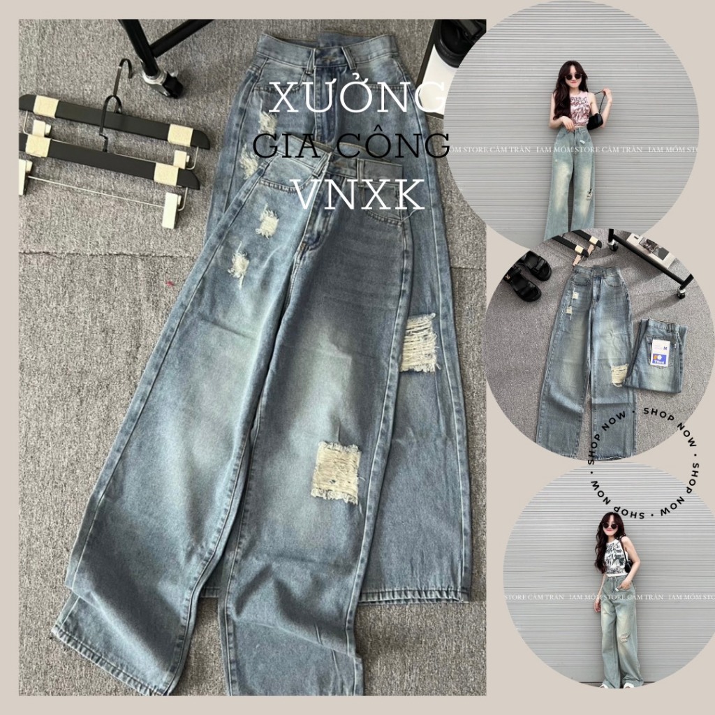 💃 Quần Jeans Nữ Ống Rộng Rách Gối Dáng Suông Full Size