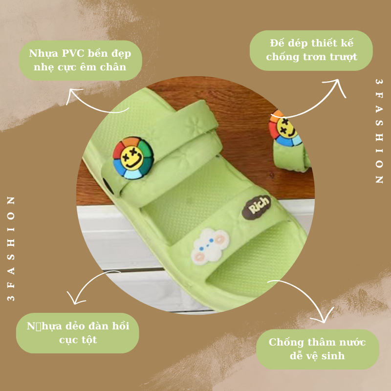 Dép sandal nữ cao su đúc đế cao 3CM quai ngang đính sticker dễ thương 3Fashion - 3272