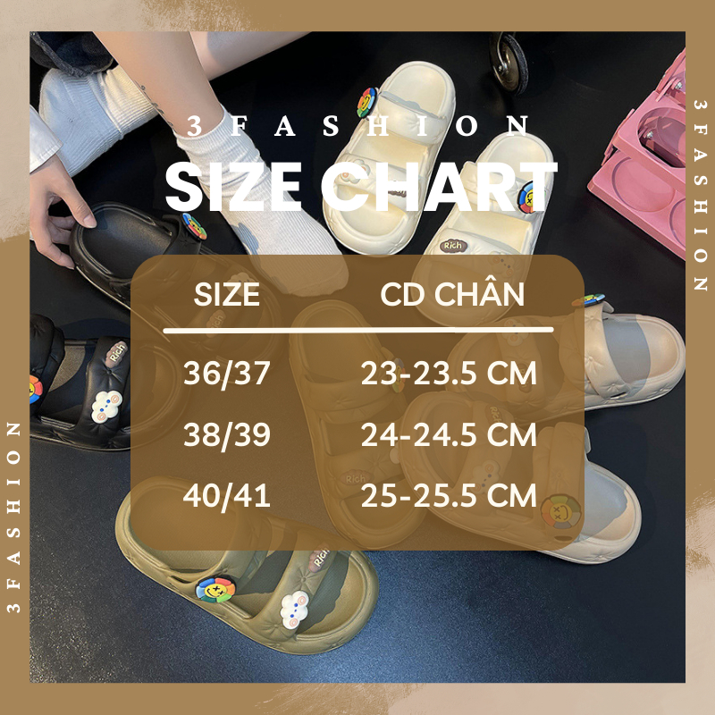 Dép sandal nữ cao su đúc đế cao 3CM quai ngang đính sticker dễ thương 3Fashion - 3272