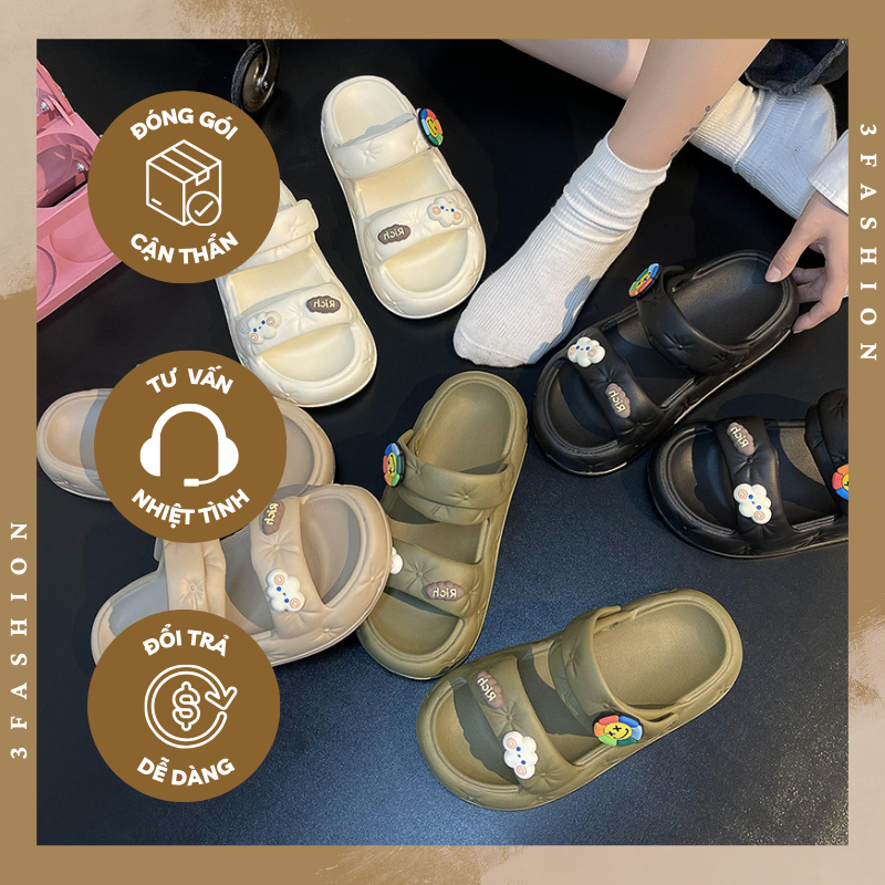 Dép sandal nữ cao su đúc đế cao 3CM quai ngang đính sticker dễ thương 3Fashion - 3272