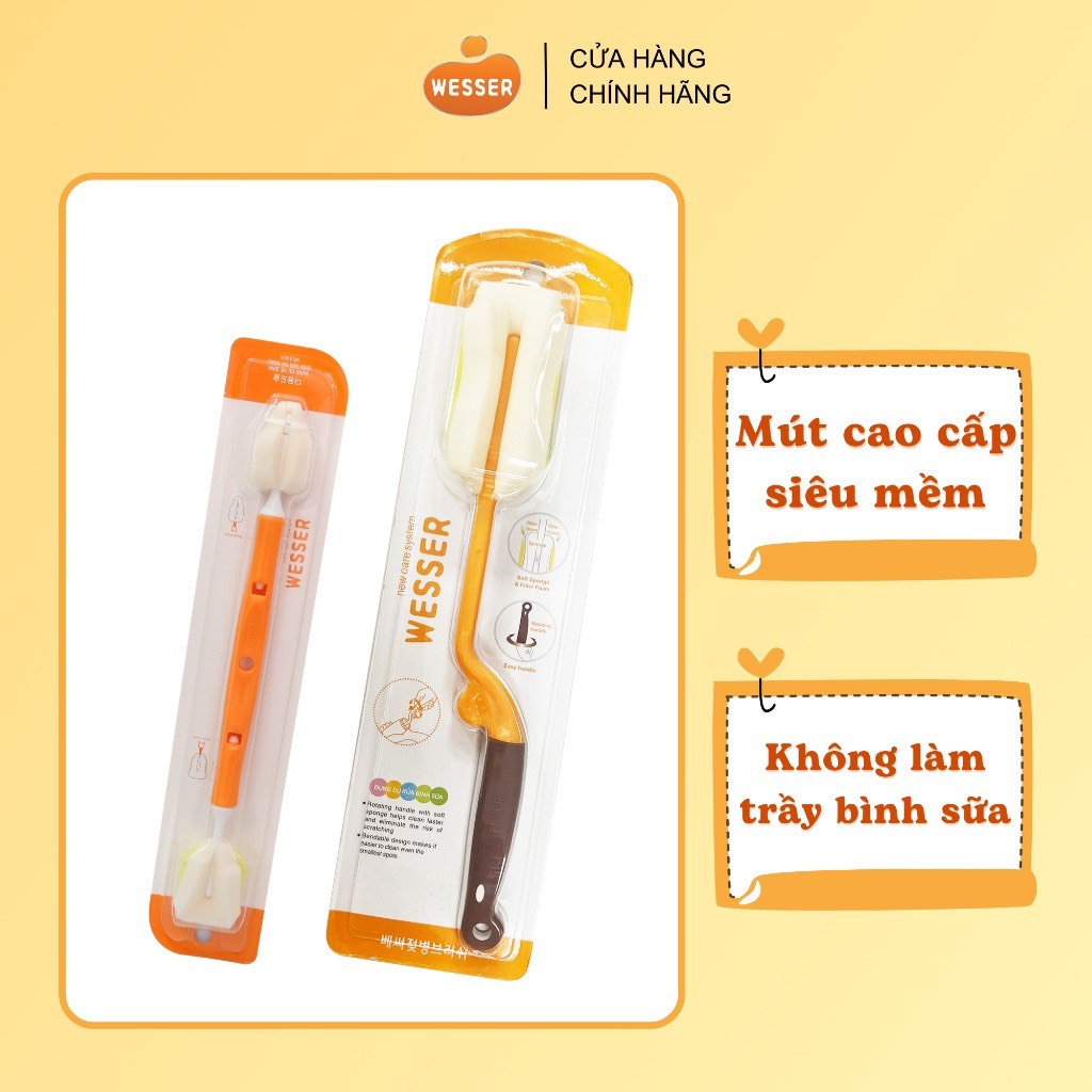 Cây súc bình sữa đan năng 2 đầu,Cọ rửa vệ sinh bình sữa  đa năng wesser