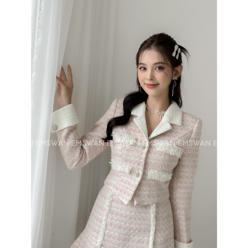 Set tweed hồng áo và chân váy xếp ly phối kem - EmSwan - Audrey Set