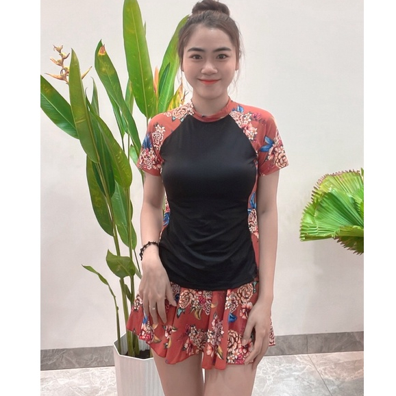 Đồ Bơi Nữ Bikini LANBISHOP Hai Mảnh Ngắn Tay Váy Xòe Hoạ Tiết Có Quần Trong Lanbi -013