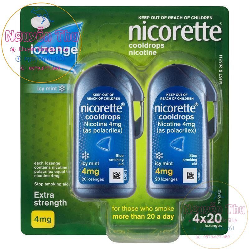 Kẹo ngậm cai thuốc lá hiệu quả cao Nicorette Lozenge 2mg, 4mg vị bạc hà, trái cây thơm mát 80 viên Úc