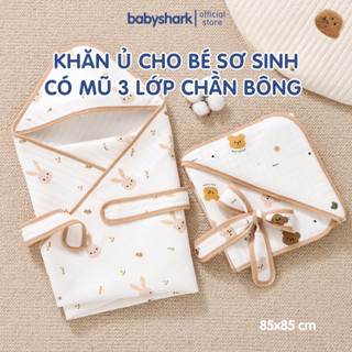 Khăn Quấn Cho Bé Sơ Sinh Có Mũ Babyshark 3 lớp chần bông