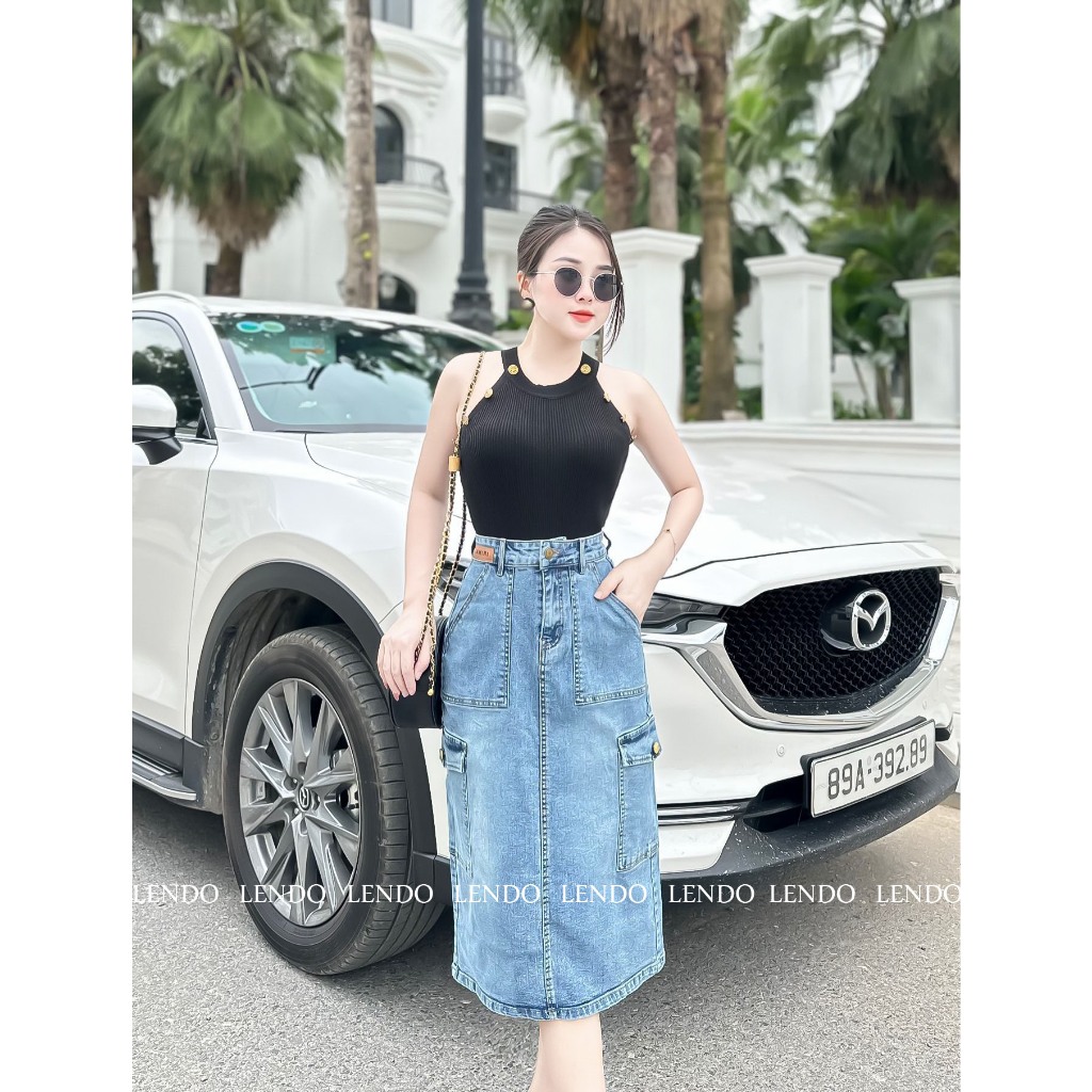 Chân Váy Jean Dáng Dài Túi Hộp Kèm Đai LENDO VJ99VO103