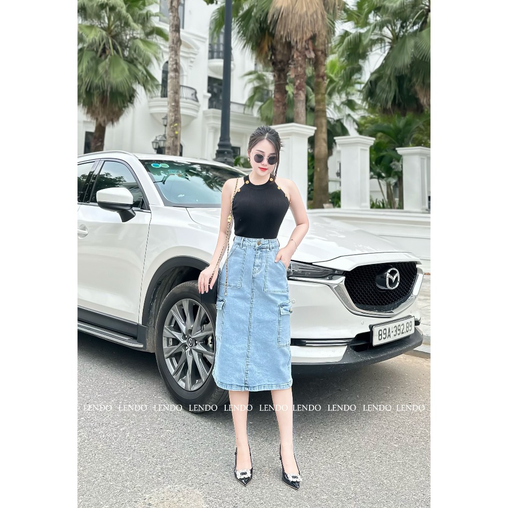 Chân Váy Jean Dáng Dài Túi Hộp Kèm Đai LENDO VJ99VO103
