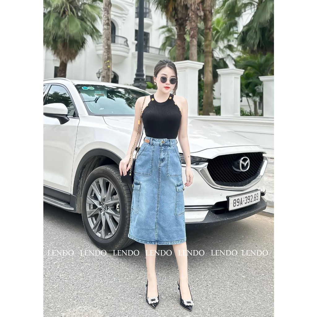 Chân Váy Jean Dáng Dài Túi Hộp Kèm Đai LENDO VJ99VO103