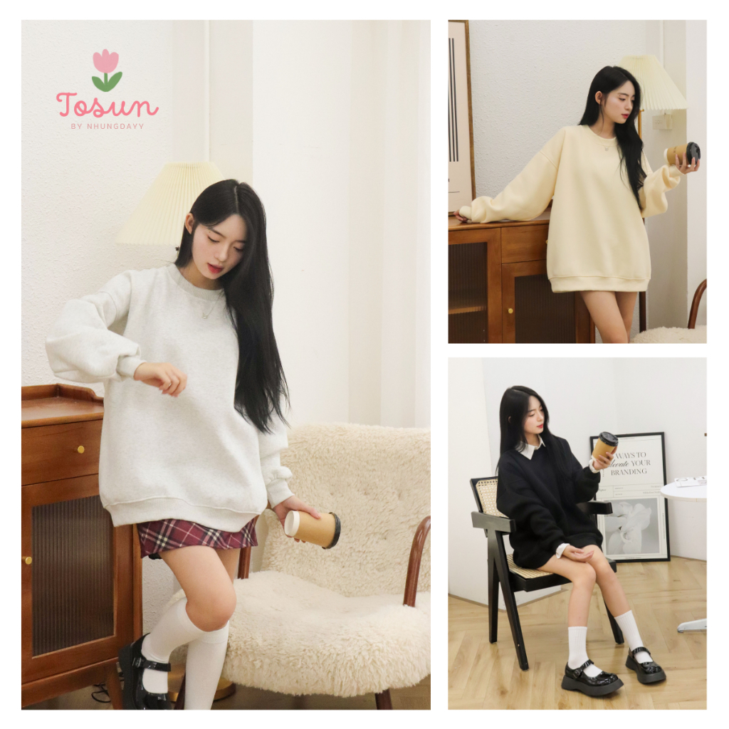 Áo Sweater Trơn Basic, Áo nỉ bông trơn from rộng nam nữ