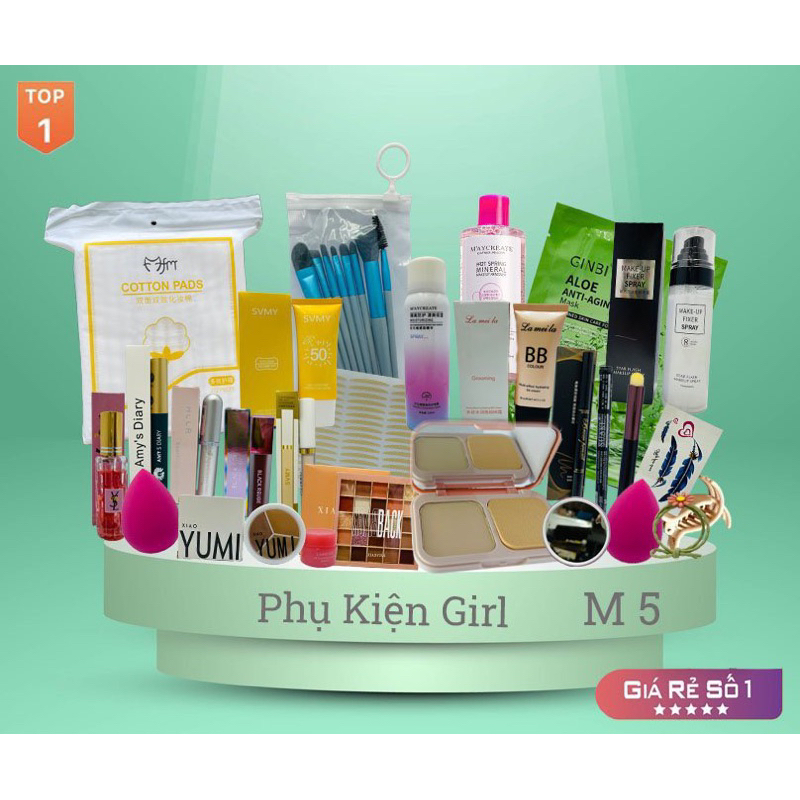 Gồm Đầy Đủ kem nền,phấn phủ,che khuyết điểm,tạo khối,má hồng,nhũ mắt,bảng mắt,son,sét cọ.....