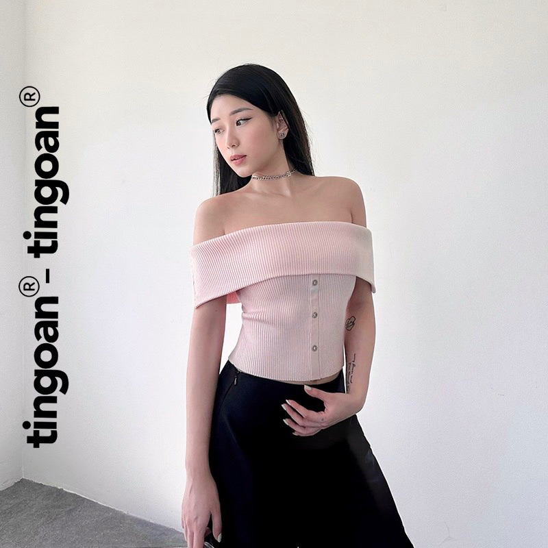 Áo trễ vai ningning top tingoan đen trắng hồng new tag