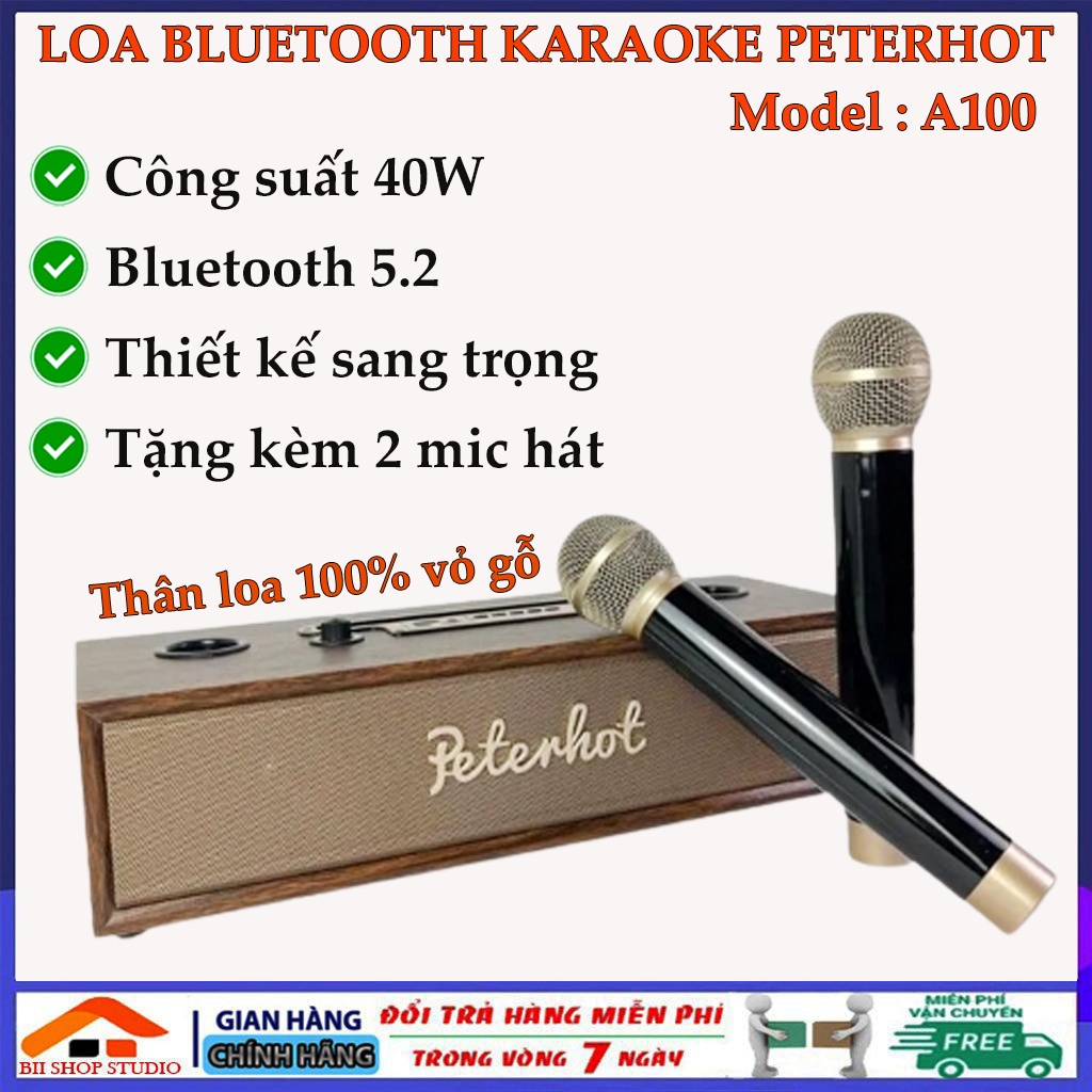 Loa bluetooth karaooke peterhot A100 tặng kèm 2 mic, Loa karaoke gia đình thiết kế vỏ gỗ sang trọng, âm thanh siêu đỉnh