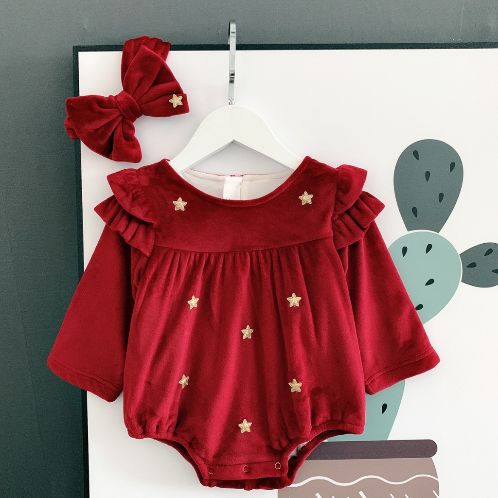 Set body đầy tháng/ thôi nôi nhung đỏ bèo ngực lót lông họa tiết ngôi sao cho bé gái 0-18M