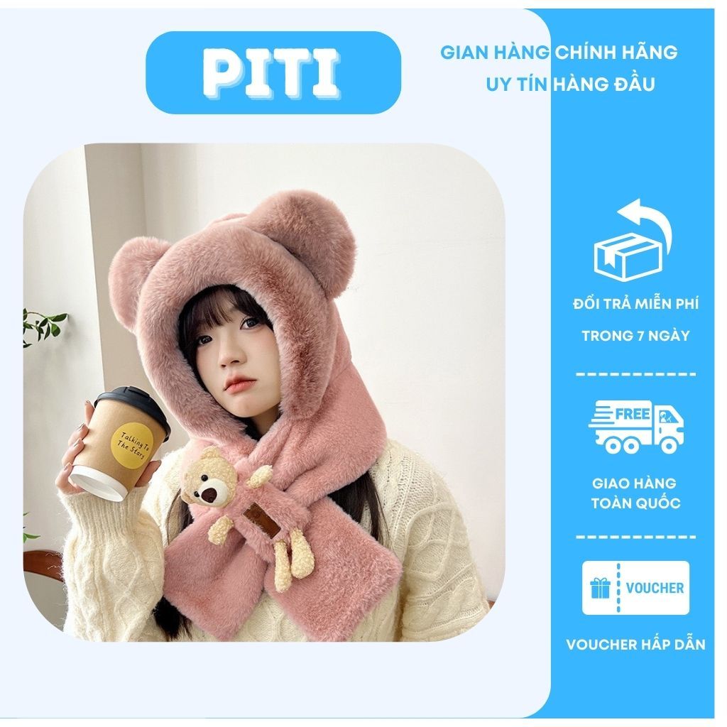 Mũ len nữ kèm khăn PITI tặng kèm gấu nón len nữ trùm đầu phong cách hàn quốc thời trang giữ ấm tốt