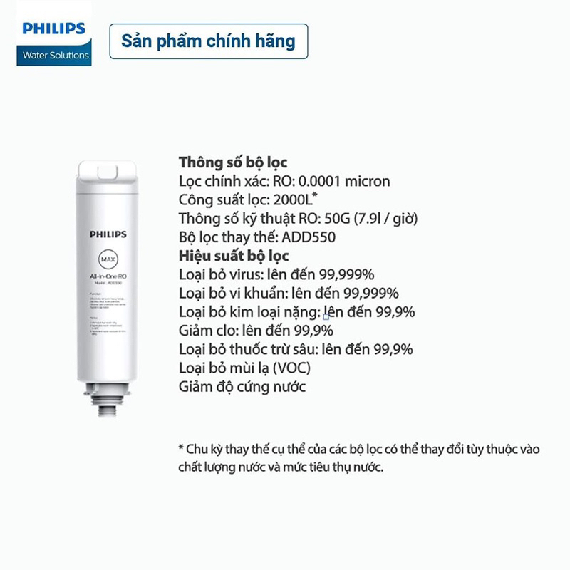 Lõi lọc RO All-in-one Philips ADD550 - Dành cho dòng máy lọc nước để bàn Phiips ADD6910 - Hàng chính hãng