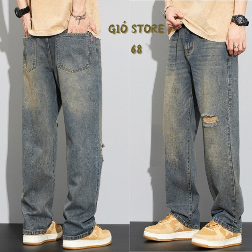 Quần jean baggy nam rách WASH xanh đen 2 gối gấu ống suông rộng chất vải bò cao cấp RG01 Ullzang hàn quốc GIOSTORE 2023