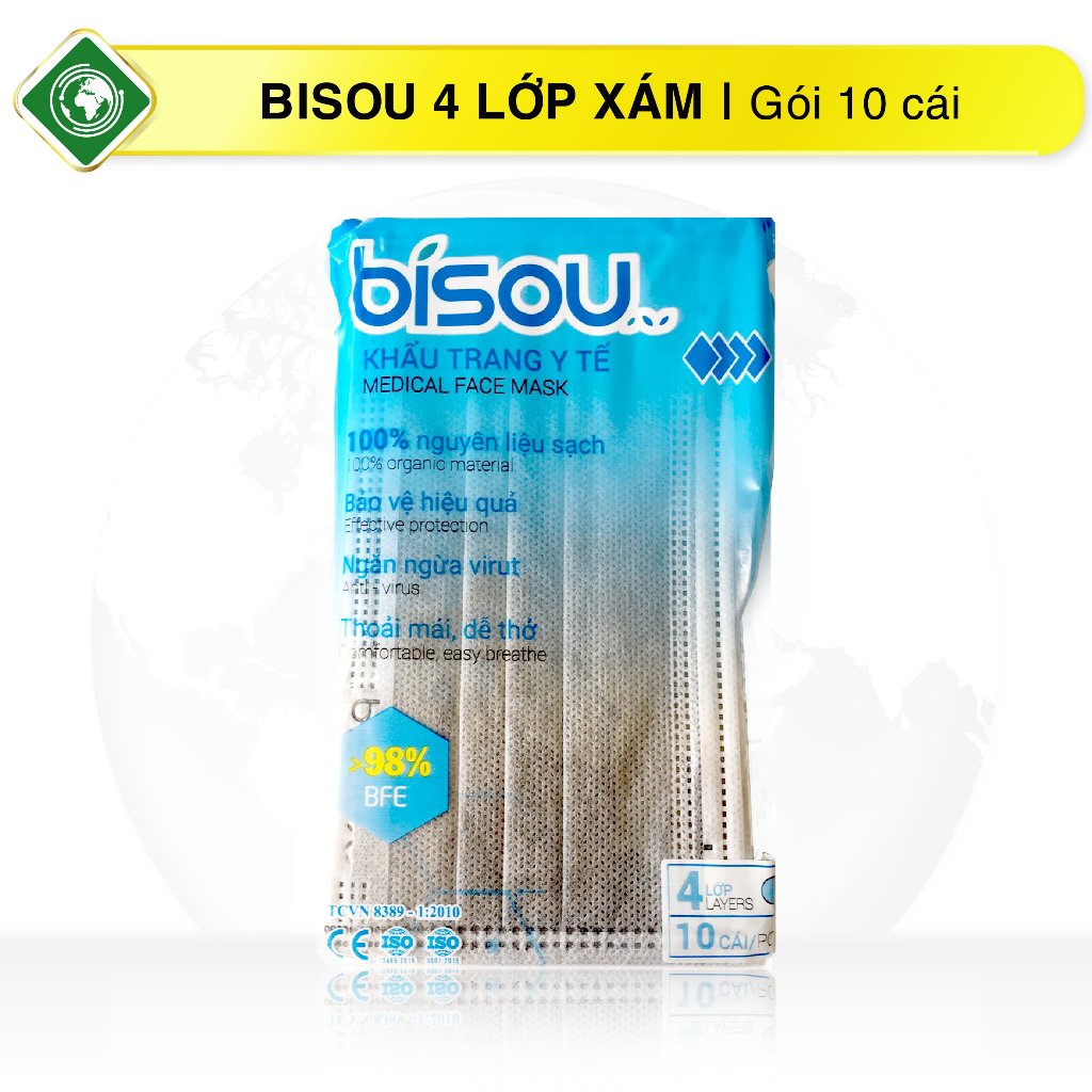 Gói khẩu trang y tế 4 lớp Bisou người lớn - lọc bụi lên đến 90%-98% (Gói 10 Cái)