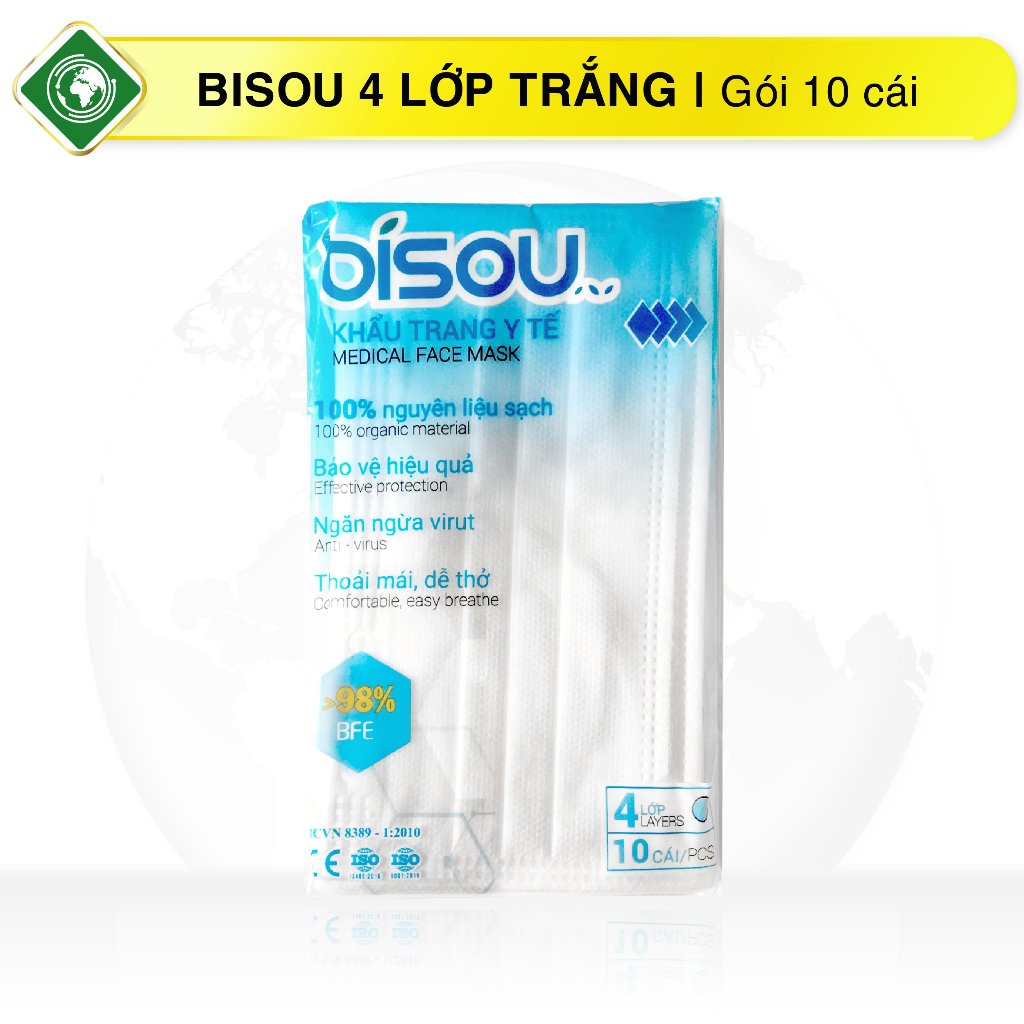 Gói khẩu trang y tế 4 lớp Bisou người lớn - lọc bụi lên đến 90%-98% (Gói 10 Cái)