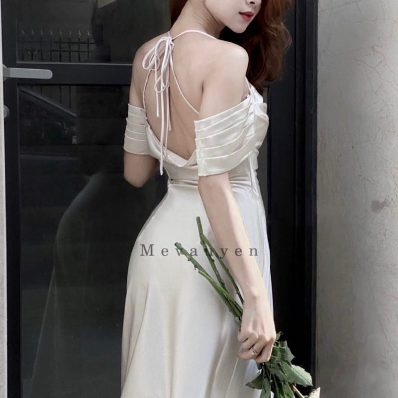 Đầm váy lụa trắng dài trễ vai mevauyen