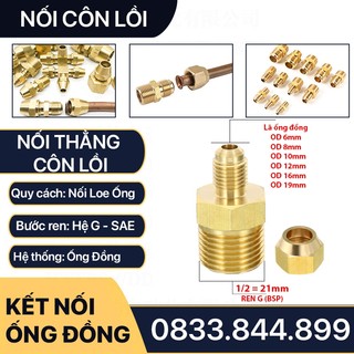 Bộ Nối Thẳng Ren Ngoài 1/2 (21mm) Côn Lồi Lã Ống Đồng NPT Phi 6 8 10mm (Brass Flare Fitting Male Connector NPT)