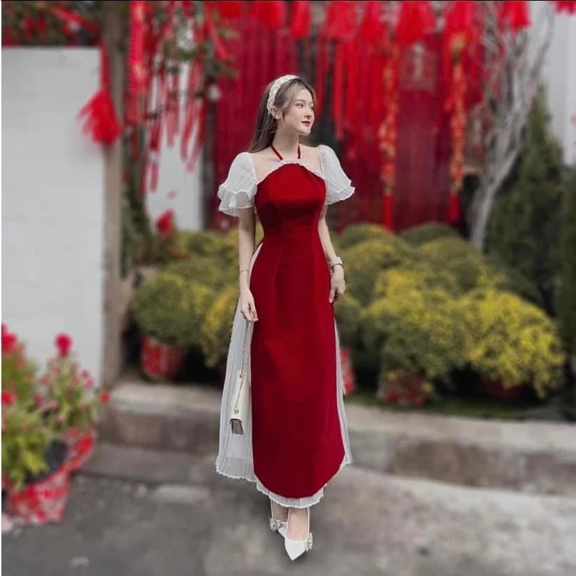 Sét áo dài đỏ cách tân cổ yếm tay bồng xinh xắn Cao Cấp