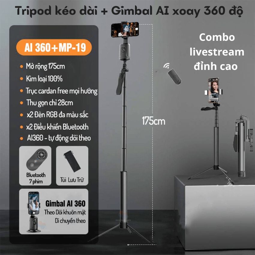 Gậy tripod điện thoại L16 + Gimbal AI xoay 360 độ P01, hỗ trợ quay vlog, livestream, kéo dài 170cm, tự động theo dõi