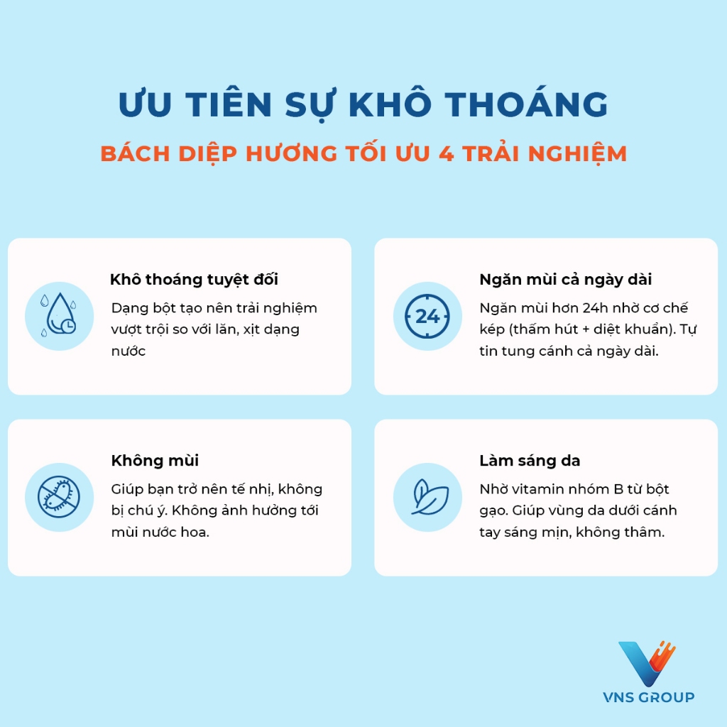 Combo 3 Bột Khử Mùi Hôi Nách Hôi Chân Bách Diệp Hương VNS Group ngăn tiết mồ hôi cơ thể và làm sáng mịn da 30g/lọ