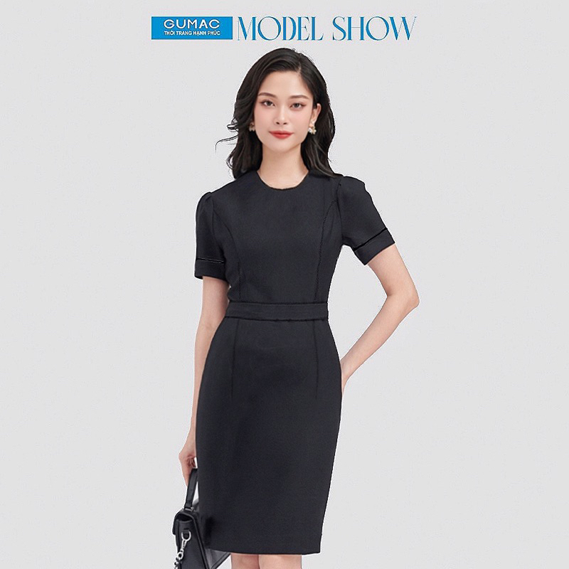Đầm bút chì nữ phối viền nhung thời trang GUMAC màu đen