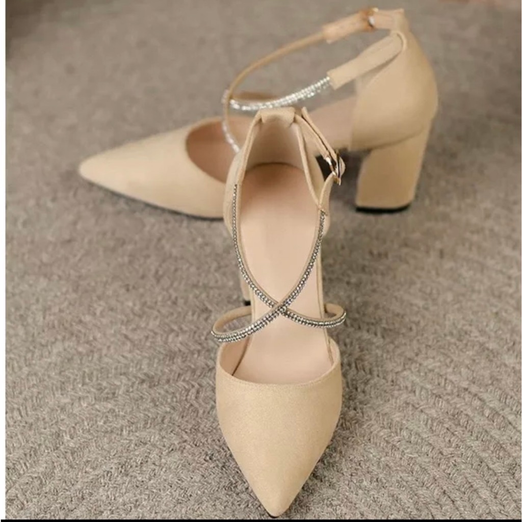 Giày cao gót nữ 7cm bít mũi da lộn dây khóa đính đá