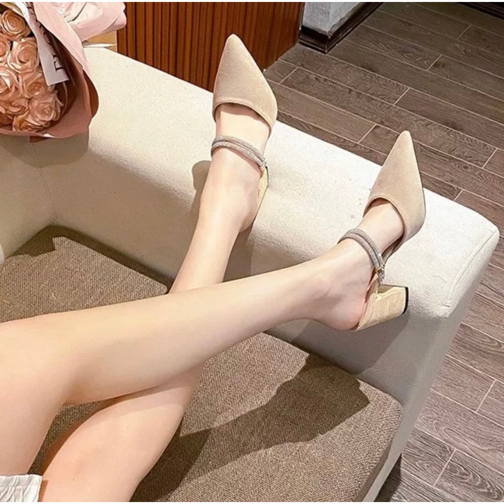 Giày cao gót nữ 7cm mũi da lộn mang 2 kiểu