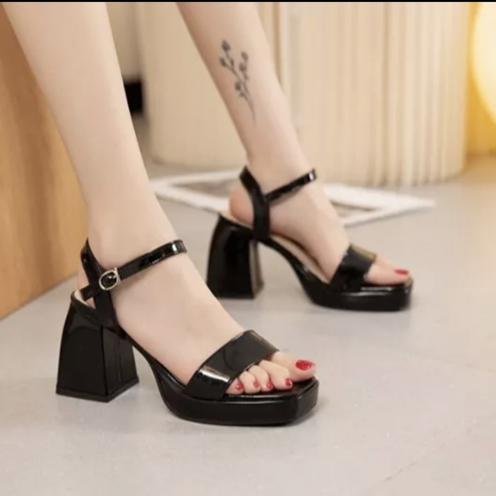 Giày cao gót nữ 9cm quai ngang hở gót da bóng