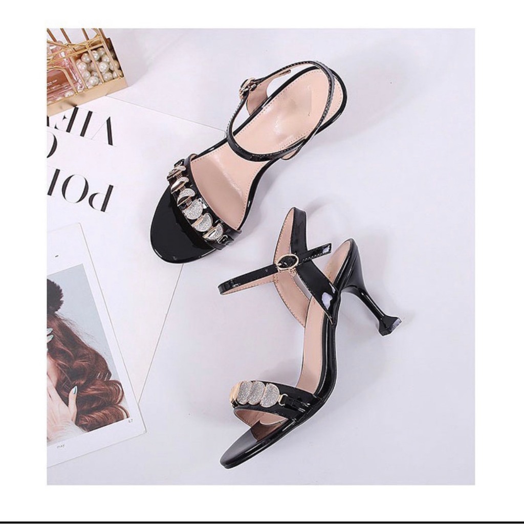 Giày cao gót nữ 7cm quai mãnh phối khóa hở gót