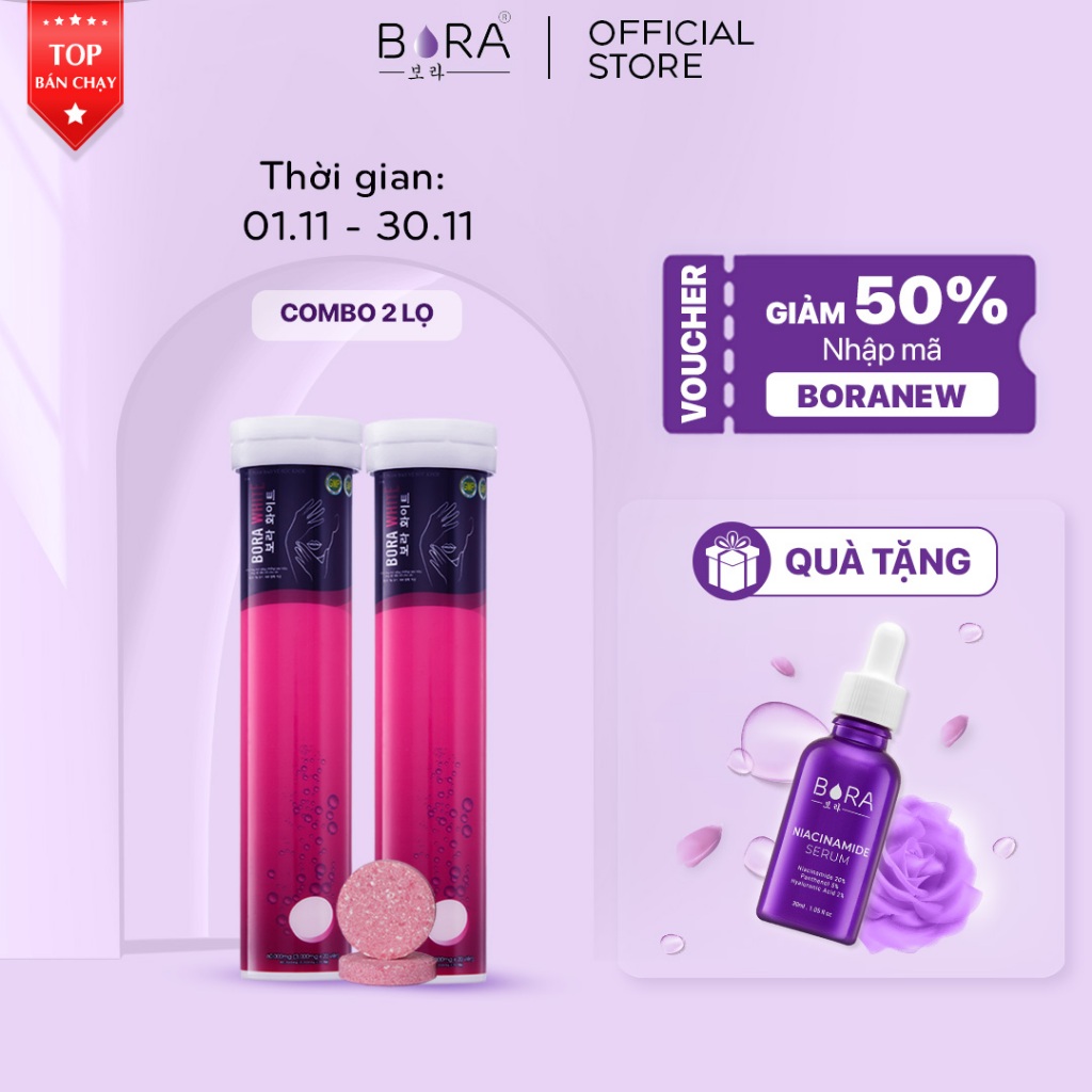 COMBO 2 Viên Sủi Trắng Da BORA WHITE Mờ Nám Giúp Làn Da Trắng Hồng Rạng Rỡ 40 viên