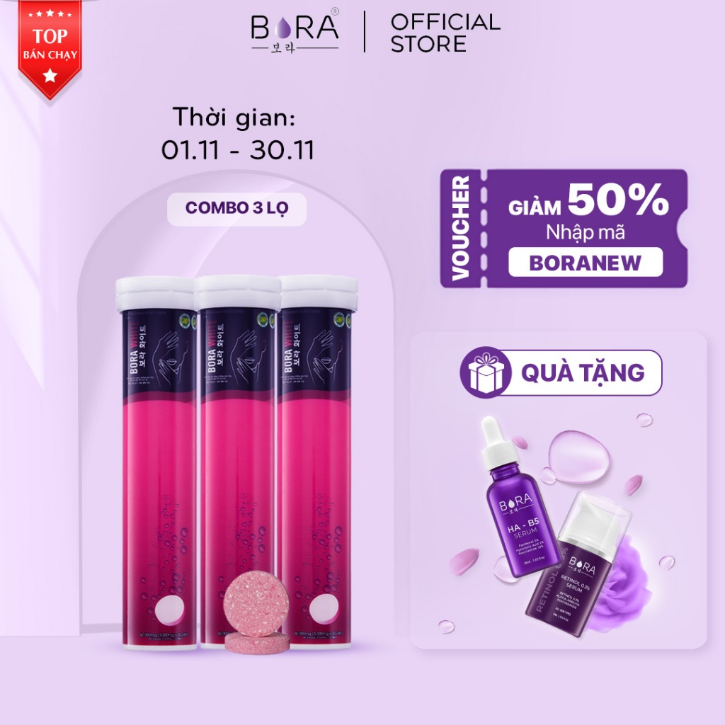 COMBO 3 Viên Sủi Trắng Da BORA White Mờ Nám Giúp Làn Da Trắng Hồng Rạng Rỡ Hộp 60 viên