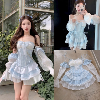 Đầm maxi xanh nhún smoking cúp ngực