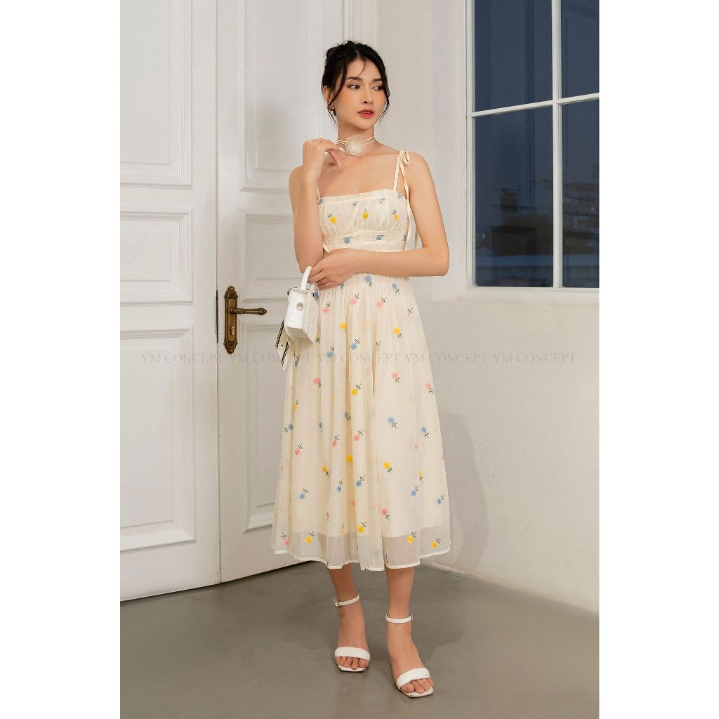 YM Concept Đầm 2 Dây Cột Nơ Họa Tiết Hoa Thêu Phong Cách Quyến Rũ - D0758